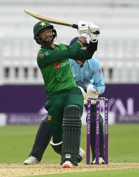 Hasan Ali of Pakistan hits a six during the second One Day International between England and Pakistan at Lord's Cricket Ground on July 10, 2021 in...