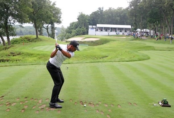 Sebastian Munoz of Colombia plays his shot from the 16th tee during the third round of the John Deere Classic at TPC Deere Run on July 10, 2021 in...