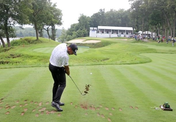 Sebastian Munoz of Colombia plays his shot from the 16th tee during the third round of the John Deere Classic at TPC Deere Run on July 10, 2021 in...