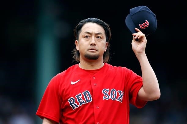 Hirokazu Sawamura of the Boston Red Sox looks on during the fourth inning against the Philadelphia Phillies at Fenway Park on July 10, 2021 in...