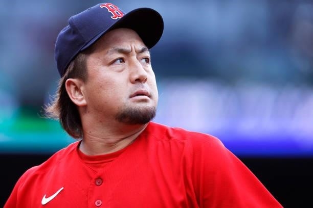 Hirokazu Sawamura of the Boston Red Sox looks on during the fourth inning against the Philadelphia Phillies at Fenway Park on July 10, 2021 in...