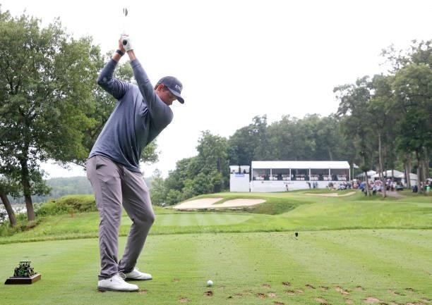Adam Schenk plays his shot from the 16th tee during the third round of the John Deere Classic at TPC Deere Run on July 10, 2021 in Silvis, Illinois.