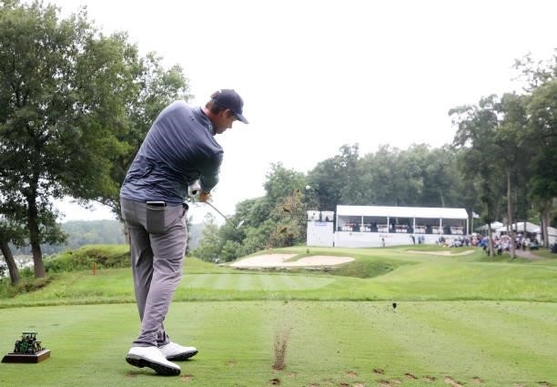 Adam Schenk plays his shot from the 16th tee during the third round of the John Deere Classic at TPC Deere Run on July 10, 2021 in Silvis, Illinois.