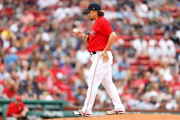 Hirokazu Sawamura of the Boston Red Sox prepares to pitch against the Philadelphia Phillies during the fourth inning at Fenway Park on July 10, 2021...
