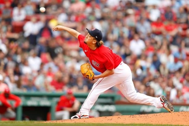 Hirokazu Sawamura of the Boston Red Sox pitches against the Philadelphia Phillies during the fourth inning at Fenway Park on July 10, 2021 in Boston,...