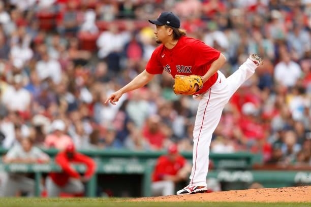 Hirokazu Sawamura of the Boston Red Sox pitches against the Philadelphia Phillies during the fourth inning at Fenway Park on July 10, 2021 in Boston,...