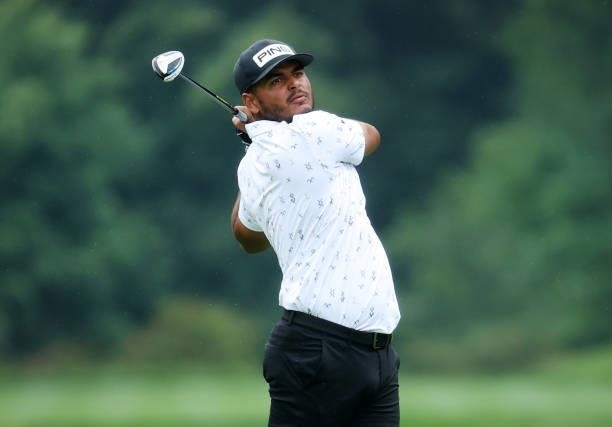 Sebastian Munoz of Colombia plays his second shot on the 17th hole during the third round of the John Deere Classic at TPC Deere Run on July 10, 2021...