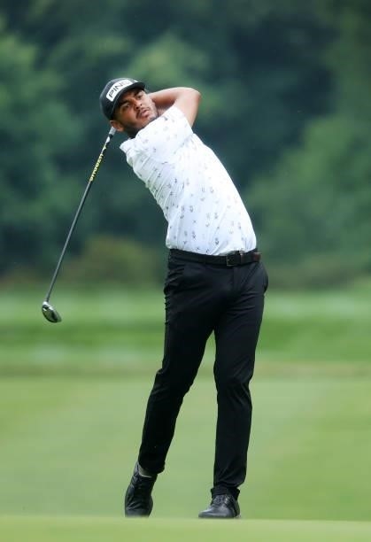 Sebastian Munoz of Colombia plays his second shot on the 17th hole during the third round of the John Deere Classic at TPC Deere Run on July 10, 2021...