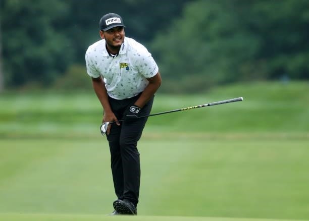 Sebastian Munoz of Colombia watches his second shot on the 17th during the third round of the John Deere Classic at TPC Deere Run on July 10, 2021 in...