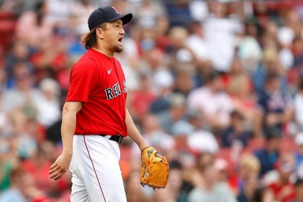 Hirokazu Sawamura of the Boston Red Sox reacts during the fifth inning against the Philadelphia Phillies at Fenway Park on July 10, 2021 in Boston,...