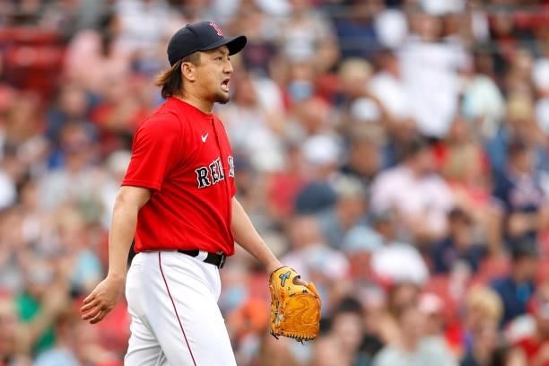 Hirokazu Sawamura of the Boston Red Sox reacts during the fifth inning against the Philadelphia Phillies at Fenway Park on July 10, 2021 in Boston,...