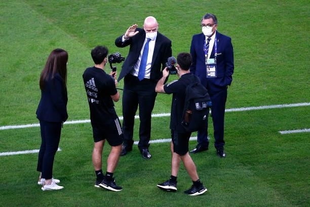 President of FIFA Gianni Infantino waves prior to the final of Copa America Brazil 2021 between Brazil and Argentina at Maracana Stadium on July 10,...