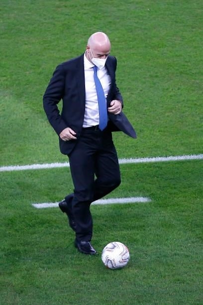 President of FIFA Gianni Infantino plays with a ball prior to the final of Copa America Brazil 2021 between Brazil and Argentina at Maracana Stadium...