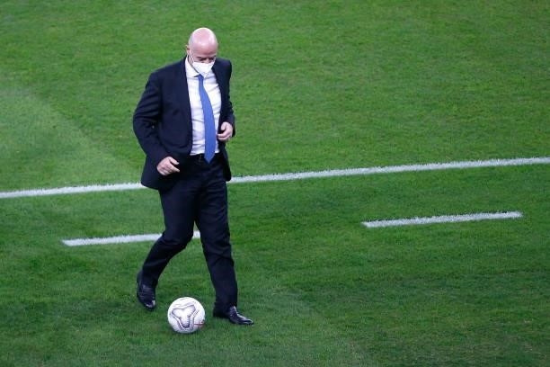 President of FIFA Gianni Infantino plays with a ball prior to the final of Copa America Brazil 2021 between Brazil and Argentina at Maracana Stadium...