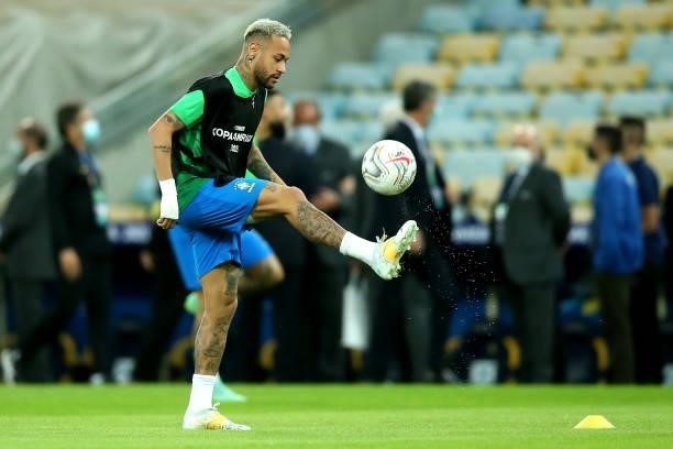 Neymar Jr. Of Brazil warms up prior to the final of Copa America Brazil 2021 between Brazil and Argentina at Maracana Stadium on July 10, 2021 in Rio...