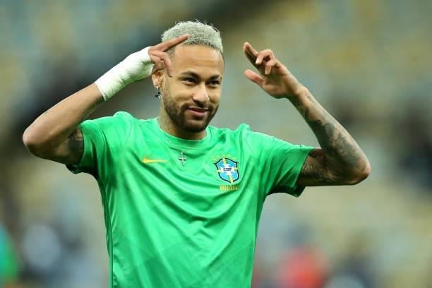 Neymar Jr. Of Brazil gestures prior to the final of Copa America Brazil 2021 between Brazil and Argentina at Maracana Stadium on July 10, 2021 in Rio...