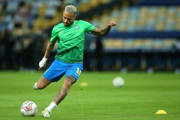 Neymar Jr. Of Brazil warms up prior to the final of Copa America Brazil 2021 between Brazil and Argentina at Maracana Stadium on July 10, 2021 in Rio...