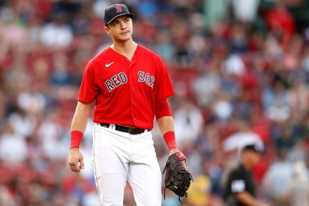 Bobby Dalbec of the Boston Red Sox looks on during the eighth inning against the Philadelphia Phillies at Fenway Park on July 10, 2021 in Boston,...