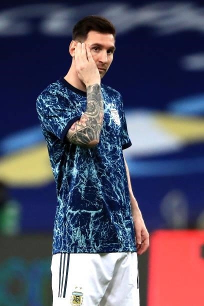 Lionel Messi of Argentina gestures during warmup prior to the final of Copa America Brazil 2021 between Brazil and Argentina at Maracana Stadium on...