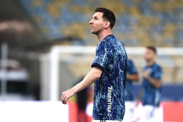 Lionel Messi of Argentina gestures during warmup prior to the final of Copa America Brazil 2021 between Brazil and Argentina at Maracana Stadium on...