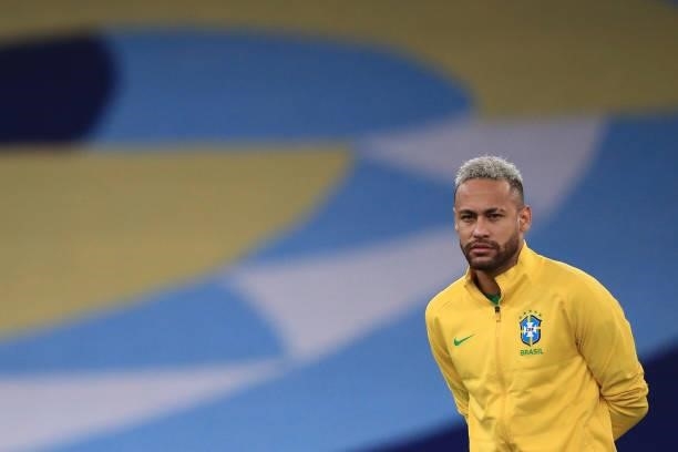 Neymar Jr. Of Brazil looks on for national anthems prior to the final of Copa America Brazil 2021 between Brazil and Argentina at Maracana Stadium on...