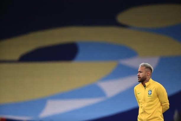 Neymar Jr. Of Brazil looks on during the national anthems prior to the final of Copa America Brazil 2021 between Brazil and Argentina at Maracana...