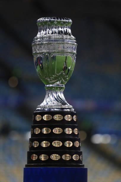 Detail of the trophy prior to the final of Copa America Brazil 2021 between Brazil and Argentina at Maracana Stadium on July 10, 2021 in Rio de...