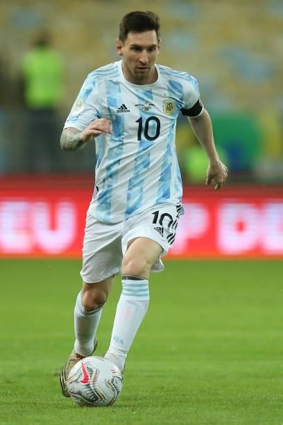 Lionel Messi of Argentina Lionel Messi of Argentina during the final of Copa America Brazil 2021 between Brazil and Argentina at Maracana Stadium on...