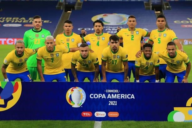 Players of Brazil pose for the team photo prior to the final of Copa America Brazil 2021 between Brazil and Argentina at Maracana Stadium on July 10,...
