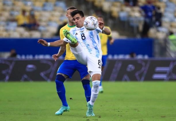 Marcos Acuña of Argentina kicks the ball during the final of Copa America Brazil 2021 between Brazil and Argentina at Maracana Stadium on July 10,...