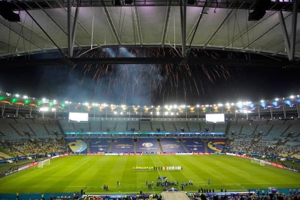General view of the stadium as players line up prior to the final of Copa America Brazil 2021 between Brazil and Argentina at Maracana Stadium on...
