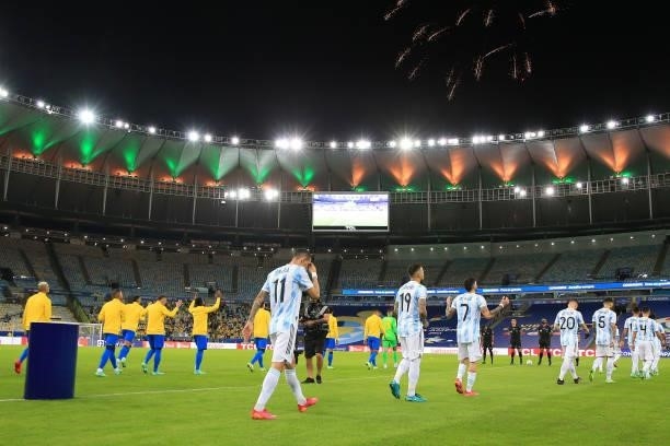Players of Argentina and Brazil enter the pitch prior to the final of Copa America Brazil 2021 between Brazil and Argentina at Maracana Stadium on...