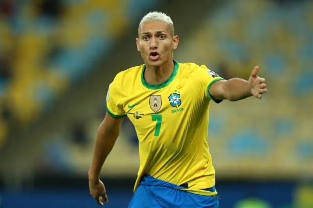 Richarlison of Brazil reacts during the final of Copa America Brazil 2021 between Brazil and Argentina at Maracana Stadium on July 10, 2021 in Rio de...