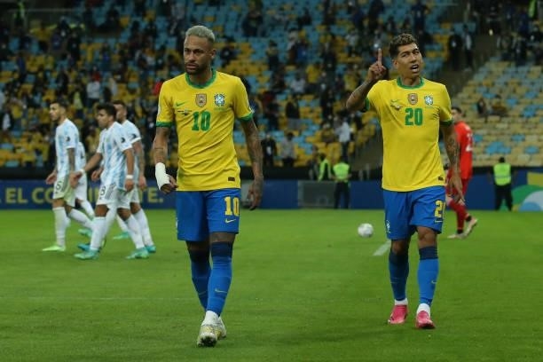 Neymar Jr. And Roberto Firmino of Brazil reacts after their goal was disallowed during the final of Copa America Brazil 2021 between Brazil and...