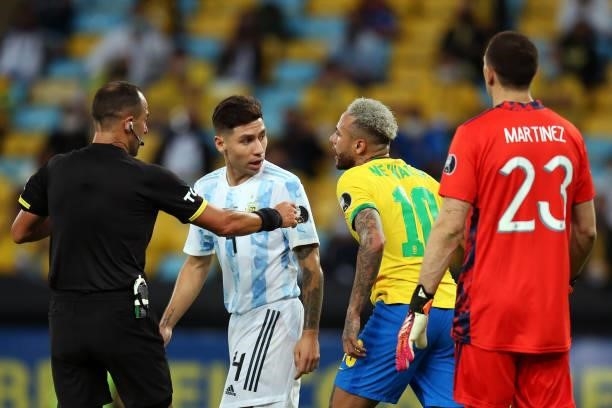 Gonzalo Montiel of Argentina reacts against Neymar Jr. Of Brazil during the final of Copa America Brazil 2021 between Brazil and Argentina at...