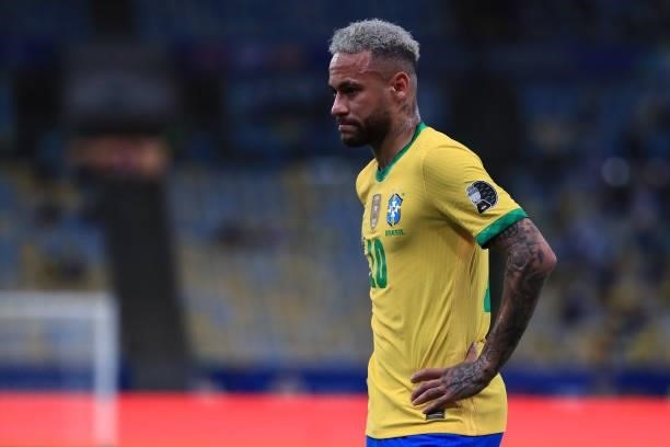 Neymar Jr. Of Brazil reacts during the final of Copa America Brazil 2021 between Brazil and Argentina at Maracana Stadium on July 10, 2021 in Rio de...
