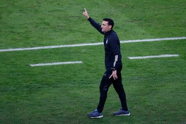 Head coach of Argentina Lionel Scaloni reacts during the final of Copa America Brazil 2021 between Brazil and Argentina at Maracana Stadium on July...