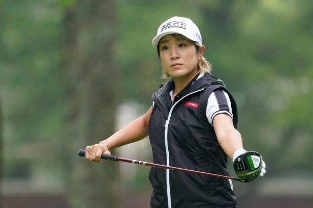 Asako Fujimoto of Japan hits her tee shot on the 10th hole during the final round of the Nipponham Ladies Classic at Katsura Golf Club on July 11,...