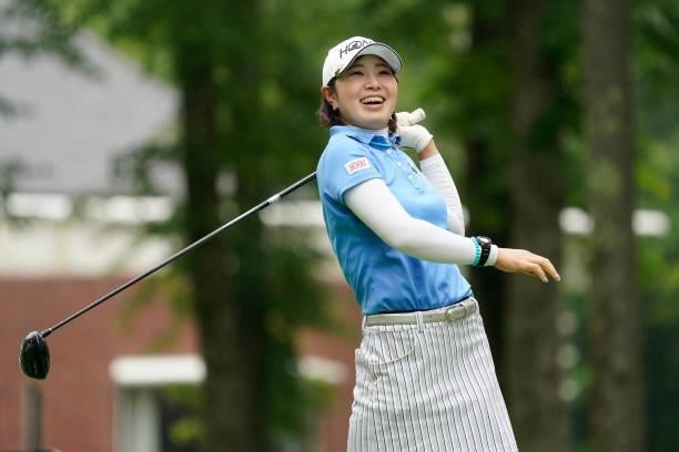 Minami Hiruta of Japan hits her tee shot on the 10th hole during the final round of the Nipponham Ladies Classic at Katsura Golf Club on July 11,...