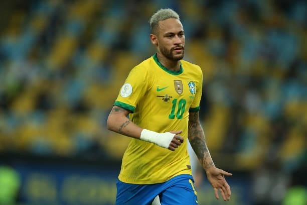 Neymar Jr. Of Brazil reacts during the final of Copa America Brazil 2021 between Brazil and Argentina at Maracana Stadium on July 10, 2021 in Rio de...