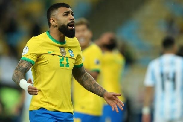 Gabriel Barbosa of Brazil reacts during the final of Copa America Brazil 2021 between Brazil and Argentina at Maracana Stadium on July 10, 2021 in...