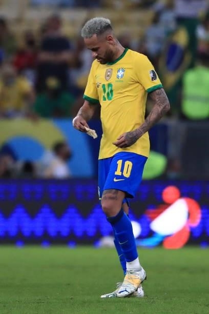 Neymar Jr. Of Brazil reacts after losing the final of Copa America Brazil 2021 between Brazil and Argentina at Maracana Stadium on July 10, 2021 in...