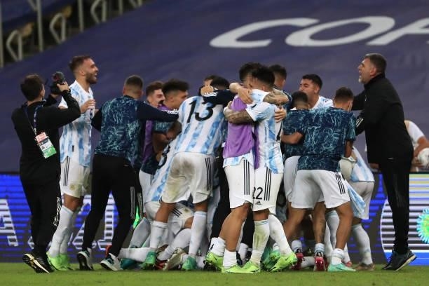 Lautaro Martinez of Argentina and teammates celebrate winning the final of Copa America Brazil 2021 between Brazil and Argentina at Maracana Stadium...