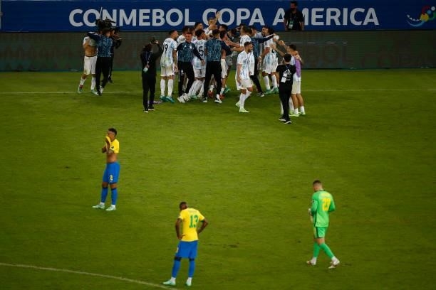 Players of Argentina celebrate after winning the final of Copa America Brazil 2021 between Brazil and Argentina at Maracana Stadium on July 10, 2021...