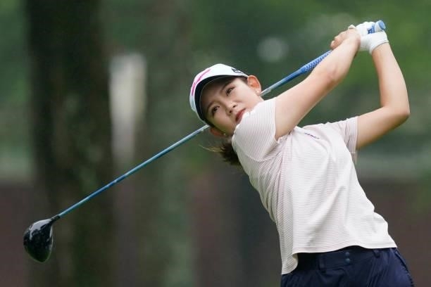 Hikaru Yoshimoto of Japan hits her tee shot on the 10th hole during the final round of the Nipponham Ladies Classic at Katsura Golf Club on July 11,...