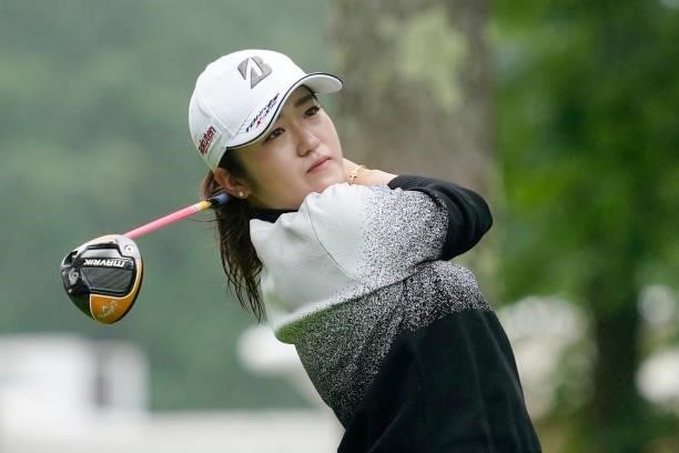 Mone Inami of Japan hits her tee shot on the 1st hole during the final round of the Nipponham Ladies Classic at Katsura Golf Club on July 11, 2021 in...