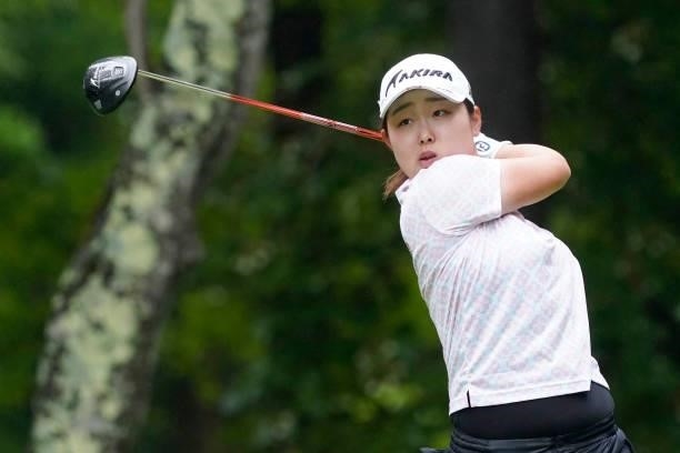 Mio Kotaki of Japan hits her tee shot on the 2nd hole during the final round of the Nipponham Ladies Classic at Katsura Golf Club on July 11, 2021 in...