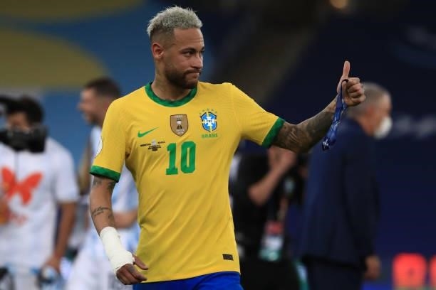 Neymar Jr. Of Brazil gives a thumb up as he reacts after losing the the final of Copa America Brazil 2021 between Brazil and Argentina at Maracana...