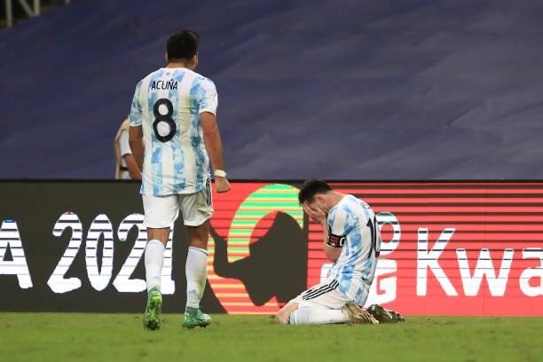 Lionel Messi of Argentina reacts as his team wins the final of Copa America Brazil 2021 between Brazil and Argentina at Maracana Stadium on July 10,...
