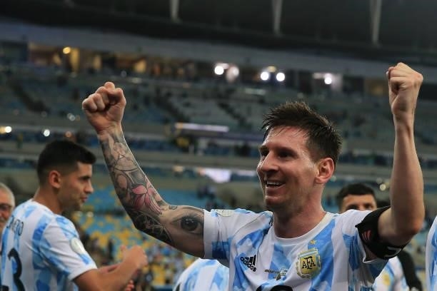 Lionel Messi of Argentina celebrates after winning the final of Copa America Brazil 2021 between Brazil and Argentina at Maracana Stadium on July 10,...
